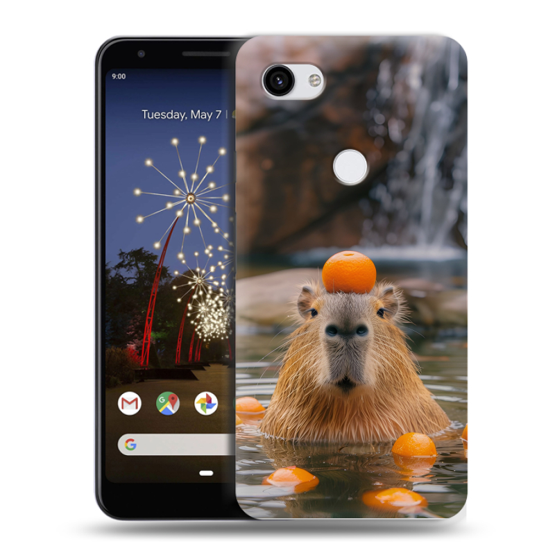 Пластиковый чехол на Google Pixel 3a XL с принтом Капибара с апельсином Пластиковый чехол на Google Pixel 3a XL с принтом Капибара с апельсином