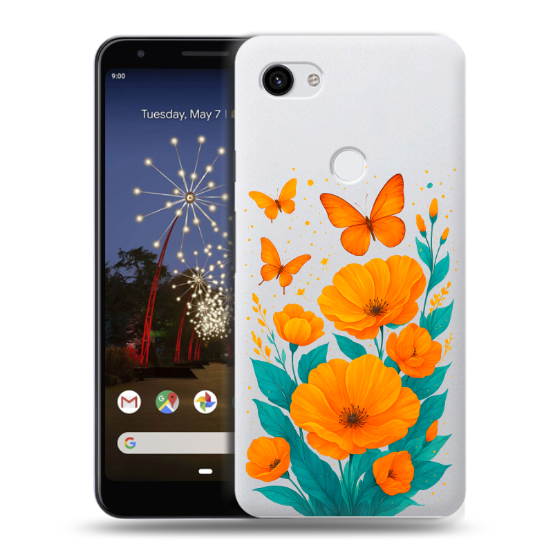 Пластиковый чехол на Google Pixel 3a XL с принтом цветы бабочки Пластиковый чехол на Google Pixel 3a XL с принтом цветы бабочки