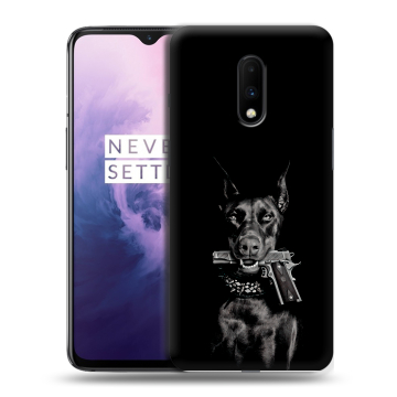 Силиконовый чехол на OnePlus 7 с принтом Доберман и пистолет