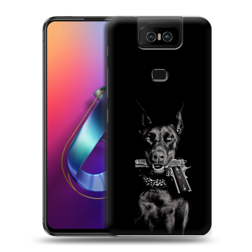 Пластиковый чехол на ASUS ZenFone 6 ZS630KL с принтом Доберман и пистолет Пластиковый чехол на ASUS ZenFone 6 ZS630KL с принтом Доберман и пистолет