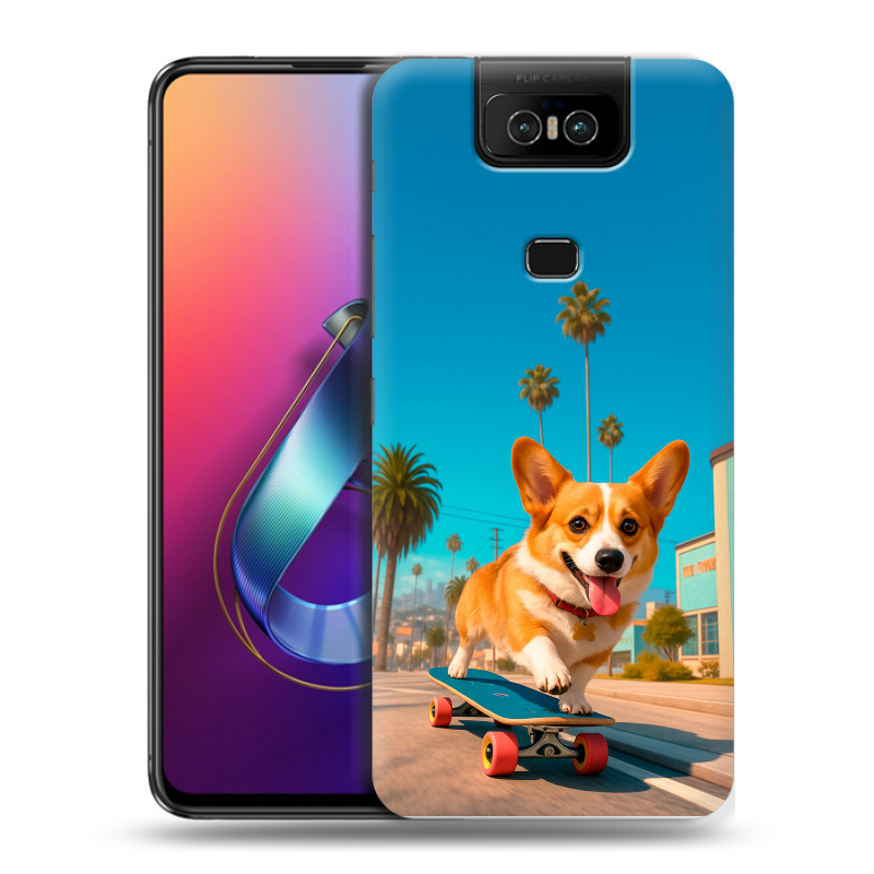 Пластиковый чехол на ASUS ZenFone 6 ZS630KL с принтом Корги на скейте Пластиковый чехол на ASUS ZenFone 6 ZS630KL с принтом Корги на скейте
