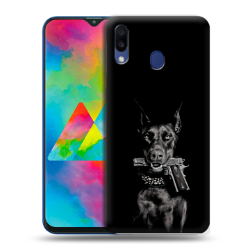 Силиконовый чехол на Samsung Galaxy M20 с принтом Доберман и пистолет Силиконовый чехол на Samsung Galaxy M20 с принтом Доберман и пистолет