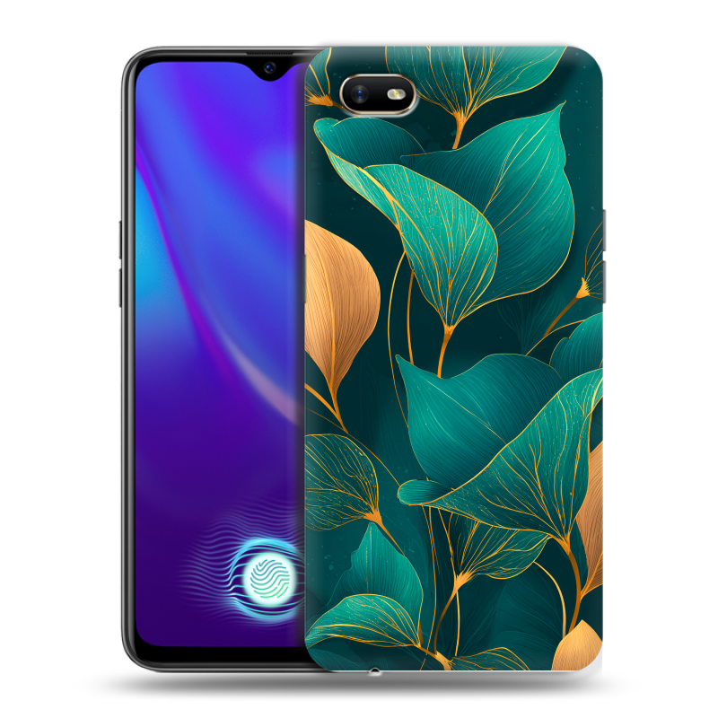 Силиконовый противоударный чехол на OPPO A1k с принтом Листья и золото Силиконовый противоударный чехол на OPPO A1k с принтом Листья и золото