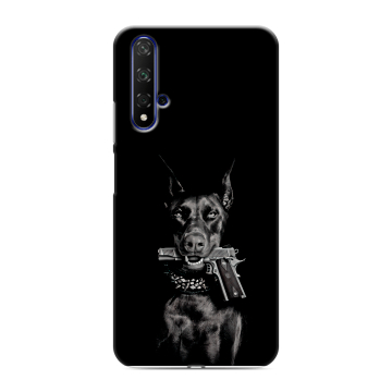Силиконовый чехол на Huawei Honor 20 с принтом Доберман и пистолет Силиконовый чехол на Huawei Honor 20 с принтом Доберман и пистолет