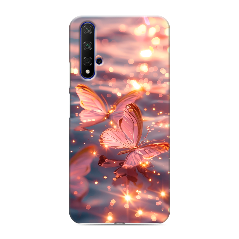 Силиконовый противоударный чехол на Huawei Honor 20 с принтом бабочки розовые Силиконовый противоударный чехол на Huawei Honor 20 с принтом бабочки розовые