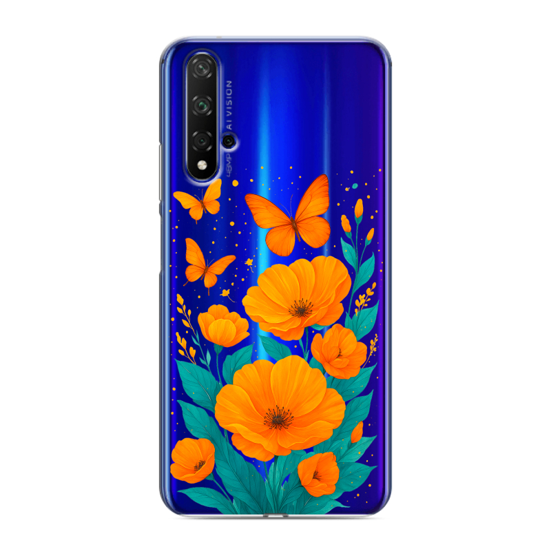 Силиконовый чехол на Huawei Honor 20 с принтом цветы бабочки Силиконовый чехол на Huawei Honor 20 с принтом цветы бабочки