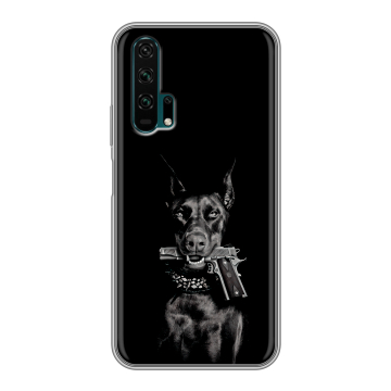 Силиконовый противоударный чехол на Huawei Honor 20 Pro с принтом Доберман и пистолет Силиконовый противоударный чехол на Huawei Honor 20 Pro с принтом Доберман и пистолет