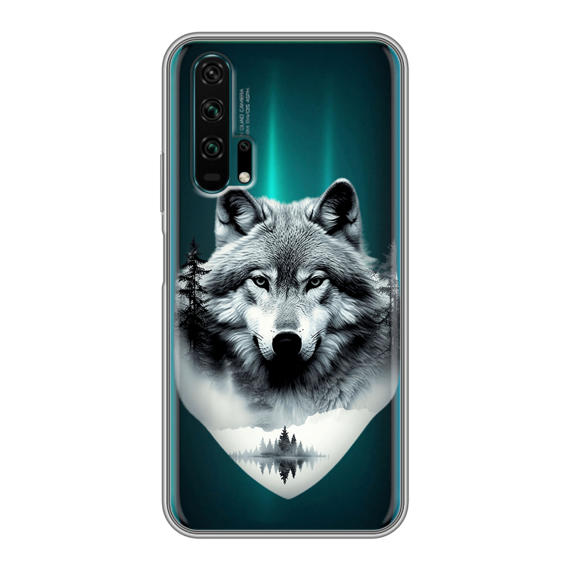 Силиконовый противоударный чехол на Huawei Honor 20 Pro с принтом Волк в лесу Силиконовый противоударный чехол на Huawei Honor 20 Pro с принтом Волк в лесу