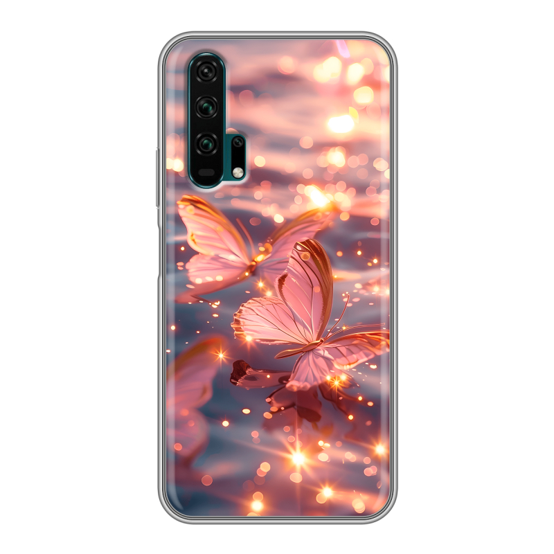 Силиконовый противоударный чехол на Huawei Honor 20 Pro с принтом бабочки розовые Силиконовый противоударный чехол на Huawei Honor 20 Pro с принтом бабочки розовые