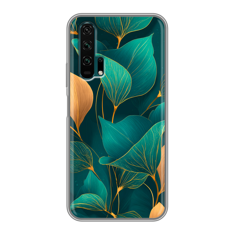 Силиконовый противоударный чехол на Huawei Honor 20 Pro с принтом Листья и золото Силиконовый противоударный чехол на Huawei Honor 20 Pro с принтом Листья и золото