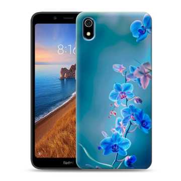 Силиконовый чехол на Xiaomi RedMi 7A с принтом Голубые цветы Силиконовый чехол на Xiaomi RedMi 7A с принтом Голубые цветы