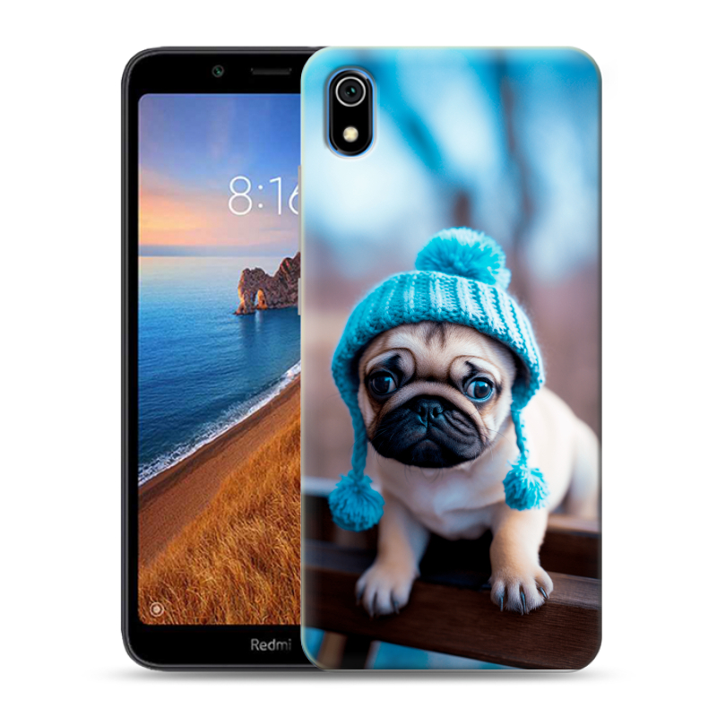 Силиконовый противоударный чехол на Xiaomi RedMi 7A с принтом Мопс в шапке Силиконовый противоударный чехол на Xiaomi RedMi 7A с принтом Мопс в шапке