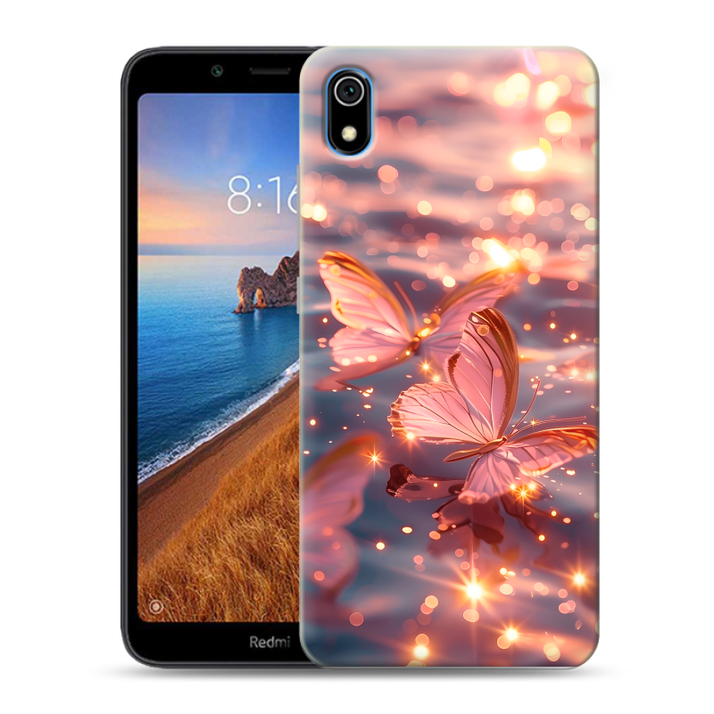 Силиконовый противоударный чехол на Xiaomi RedMi 7A с принтом бабочки розовые Силиконовый противоударный чехол на Xiaomi RedMi 7A с принтом бабочки розовые
