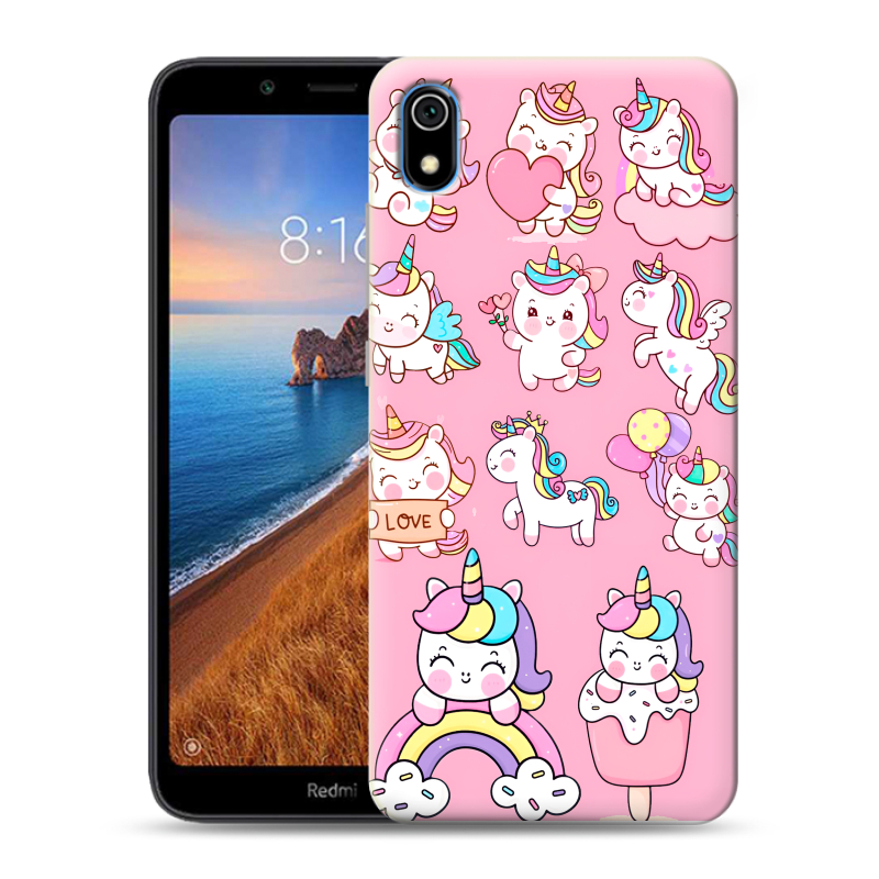 Силиконовый противоударный чехол на Xiaomi RedMi 7A с принтом Единороги и радуга Силиконовый противоударный чехол на Xiaomi RedMi 7A с принтом Единороги и радуга