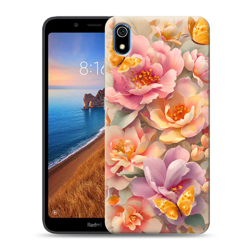 Пластиковый чехол на Xiaomi RedMi 7A с принтом Цветы и бабочки Пластиковый чехол на Xiaomi RedMi 7A с принтом Цветы и бабочки