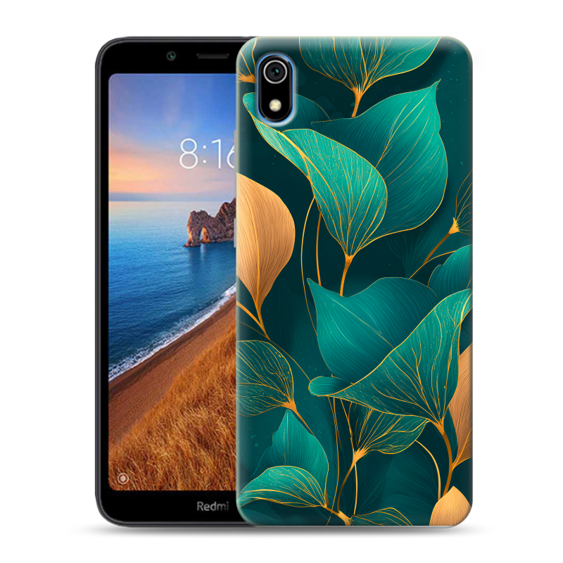 Силиконовый противоударный чехол на Xiaomi RedMi 7A с принтом Листья и золото Силиконовый противоударный чехол на Xiaomi RedMi 7A с принтом Листья и золото