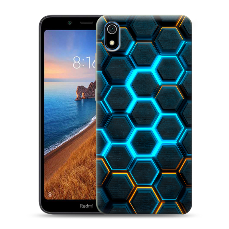 Силиконовый противоударный чехол на Xiaomi RedMi 7A с принтом Неоновые соты Силиконовый противоударный чехол на Xiaomi RedMi 7A с принтом Неоновые соты