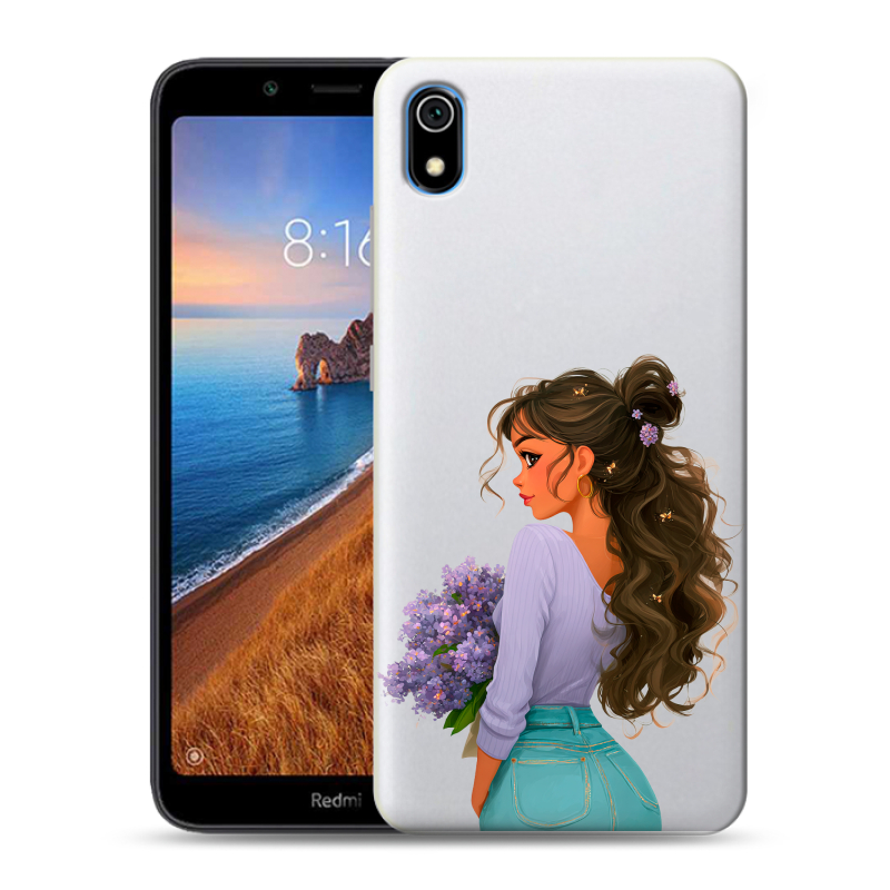 Силиконовый противоударный чехол на Xiaomi RedMi 7A с принтом девушка цветы Силиконовый противоударный чехол на Xiaomi RedMi 7A с принтом девушка цветы