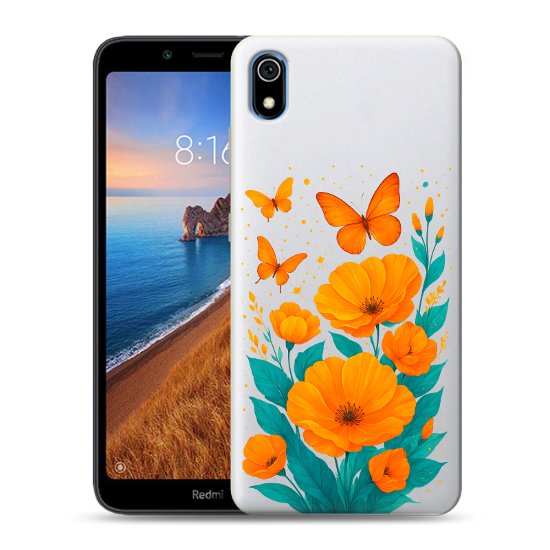 Силиконовый противоударный чехол на Xiaomi RedMi 7A с принтом цветы бабочки Силиконовый противоударный чехол на Xiaomi RedMi 7A с принтом цветы бабочки