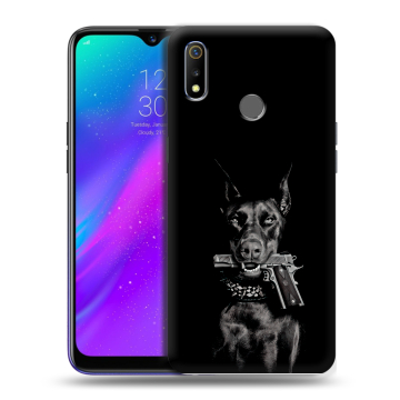 Силиконовый чехол на Realme 3 с принтом Доберман и пистолет Силиконовый чехол на Realme 3 с принтом Доберман и пистолет