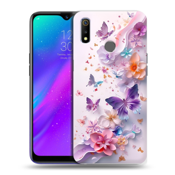 Силиконовый чехол на Realme 3 с принтом цветы бабочки Силиконовый чехол на Realme 3 с принтом цветы бабочки