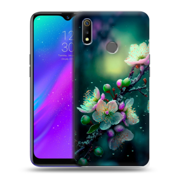 Силиконовый чехол на Realme 3 с принтом Цветы и мрамор Силиконовый чехол на Realme 3 с принтом Цветы и мрамор