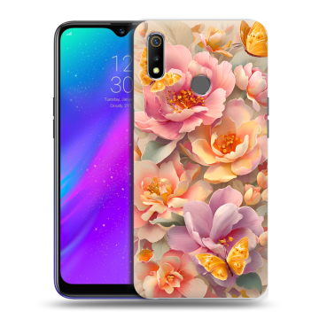 Силиконовый чехол на Realme 3 с принтом Цветы и бабочки Силиконовый чехол на Realme 3 с принтом Цветы и бабочки