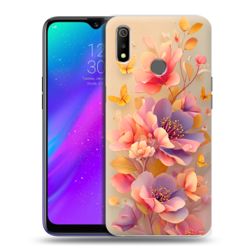 Силиконовый чехол на Realme 3 с принтом Цветы и бабочки Силиконовый чехол на Realme 3 с принтом Цветы и бабочки
