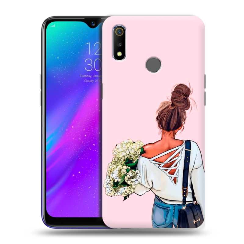 Силиконовый чехол на Realme 3 с принтом Девушка и букет Силиконовый чехол на Realme 3 с принтом Девушка и букет