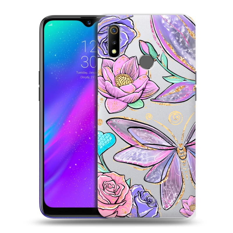 Силиконовый чехол на Realme 3 с принтом Бабочки и цветы Силиконовый чехол на Realme 3 с принтом Бабочки и цветы