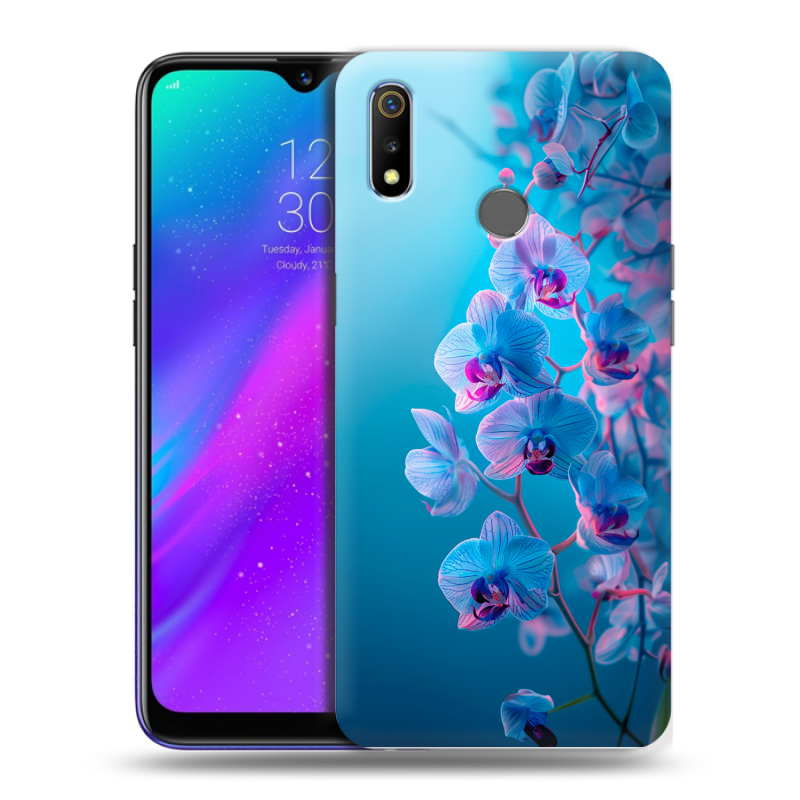 Силиконовый чехол на Realme 3 с принтом голубые орхидеи Силиконовый чехол на Realme 3 с принтом голубые орхидеи
