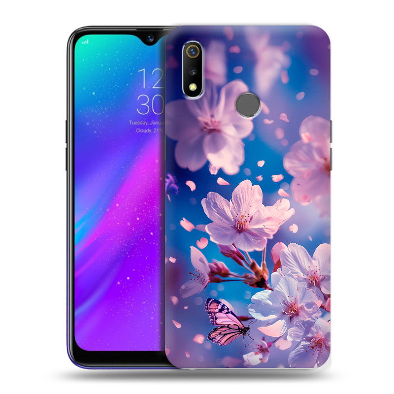 Силиконовый чехол на Realme 3 с принтом цветы бабочки Силиконовый чехол на Realme 3 с принтом цветы бабочки