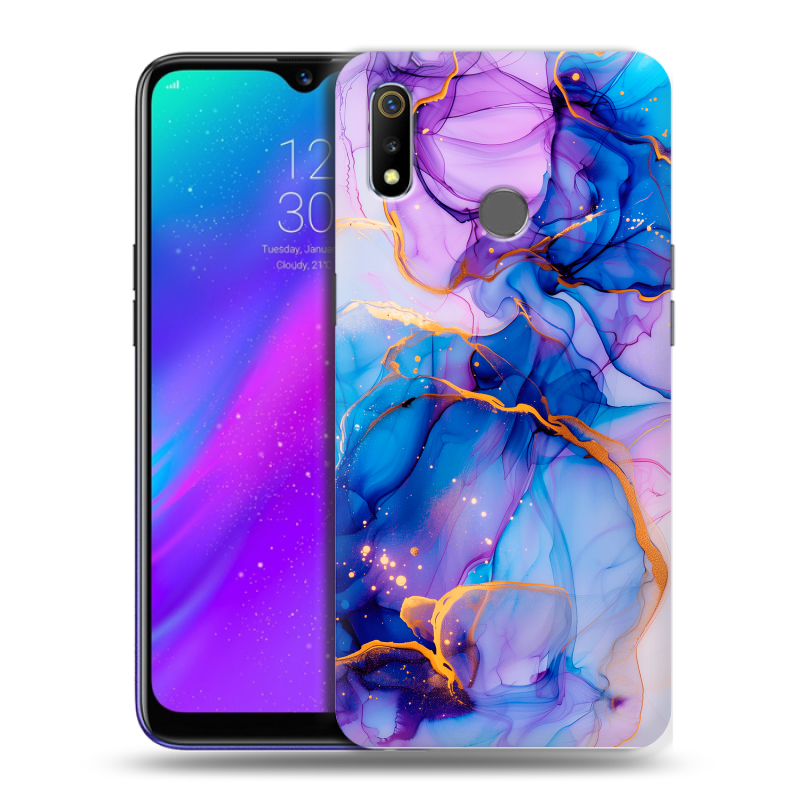 Силиконовый чехол на Realme 3 с принтом синий мрамор Силиконовый чехол на Realme 3 с принтом синий мрамор