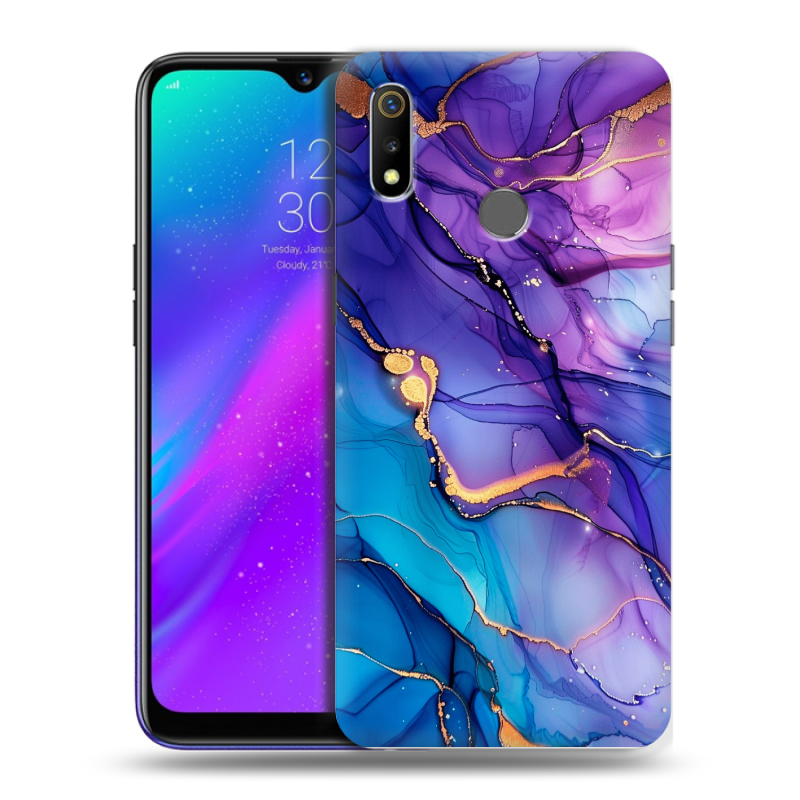 Силиконовый чехол на Realme 3 с принтом синий мрамор Силиконовый чехол на Realme 3 с принтом синий мрамор