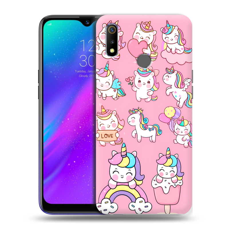 Силиконовый чехол на Realme 3 с принтом Единороги и радуга Силиконовый чехол на Realme 3 с принтом Единороги и радуга