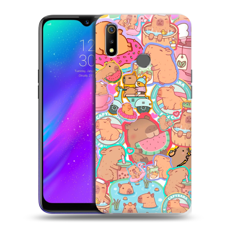 Силиконовый чехол на Realme 3 с принтом капибары Силиконовый чехол на Realme 3 с принтом капибары