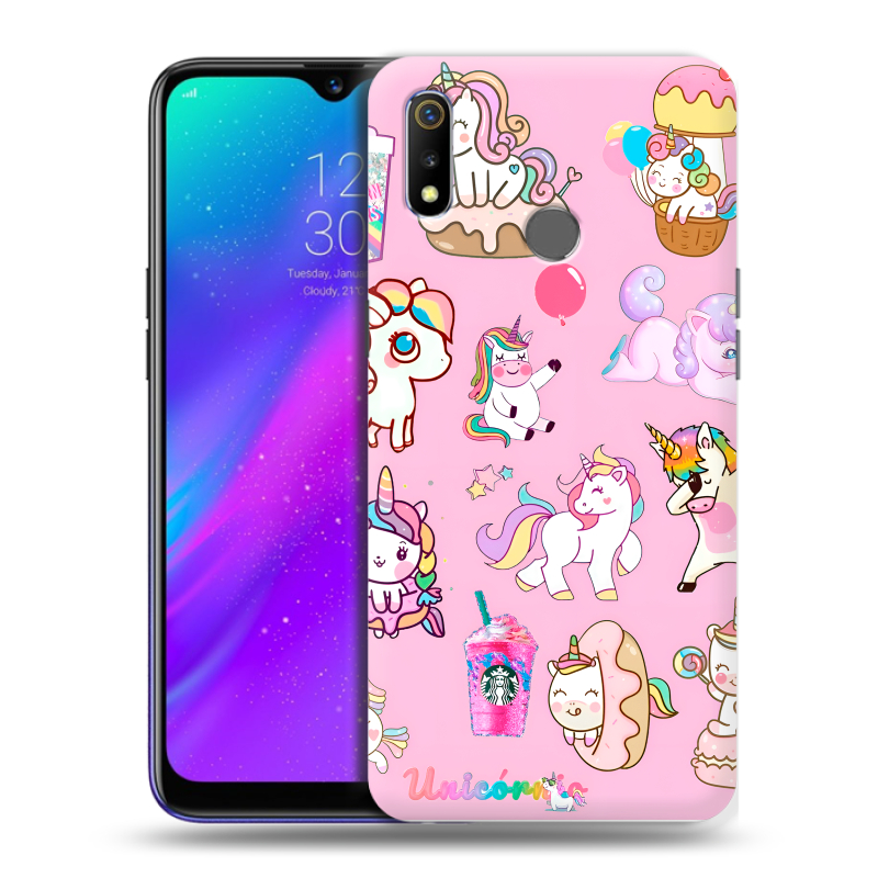 Силиконовый чехол на Realme 3 с принтом розовые единороги Силиконовый чехол на Realme 3 с принтом розовые единороги