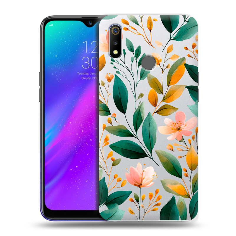 Силиконовый чехол на Realme 3 с принтом Цветы паттерн Силиконовый чехол на Realme 3 с принтом Цветы паттерн