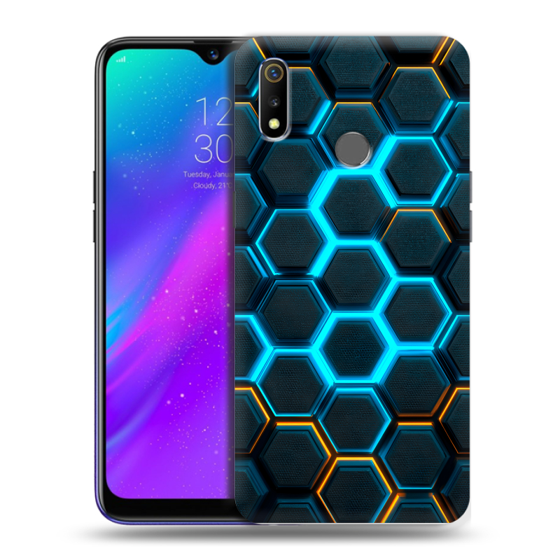 Силиконовый чехол на Realme 3 с принтом Неоновые соты Силиконовый чехол на Realme 3 с принтом Неоновые соты