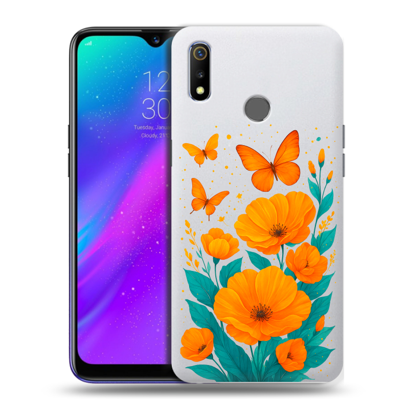 Силиконовый чехол на Realme 3 с принтом цветы бабочки Силиконовый чехол на Realme 3 с принтом цветы бабочки