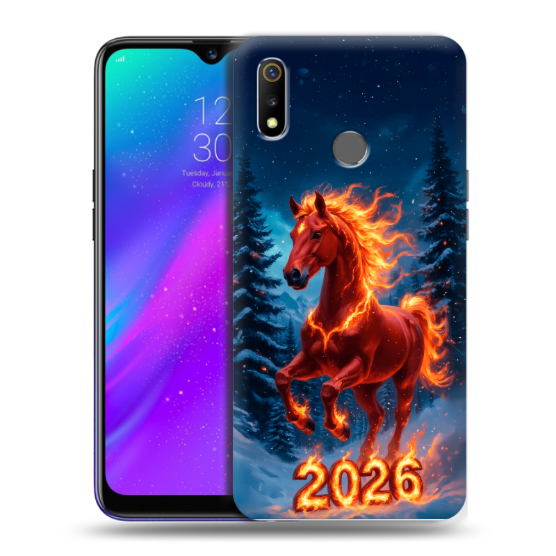 Силиконовый чехол на Realme 3 с принтом Новый год коня Силиконовый чехол на Realme 3 с принтом Новый год коня