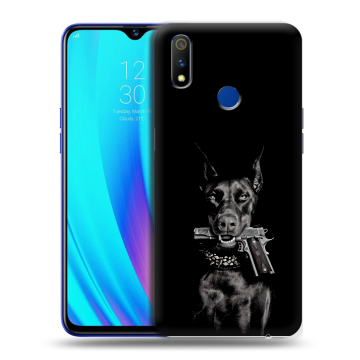Силиконовый чехол на Realme 3 Pro с принтом Доберман и пистолет Силиконовый чехол на Realme 3 Pro с принтом Доберман и пистолет