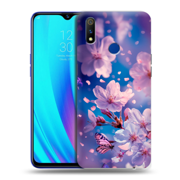 Силиконовый чехол на Realme 3 Pro с принтом цветы бабочки Силиконовый чехол на Realme 3 Pro с принтом цветы бабочки