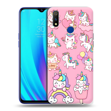 Силиконовый чехол на Realme 3 Pro с принтом Единороги и радуга