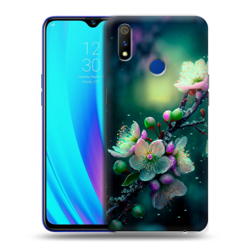 Силиконовый чехол на Realme 3 Pro с принтом Цветы и мрамор
