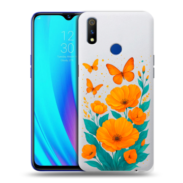 Силиконовый чехол на Realme 3 Pro с принтом цветы бабочки
