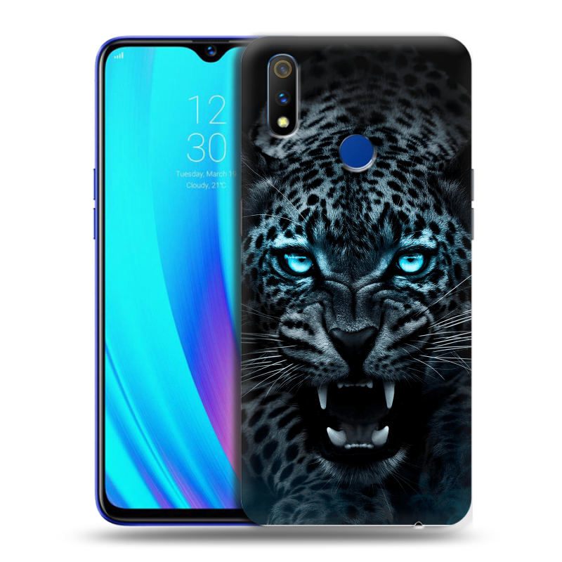 Силиконовый противоударный чехол на Realme 3 Pro с принтом Темный леопард Силиконовый противоударный чехол на Realme 3 Pro с принтом Темный леопард