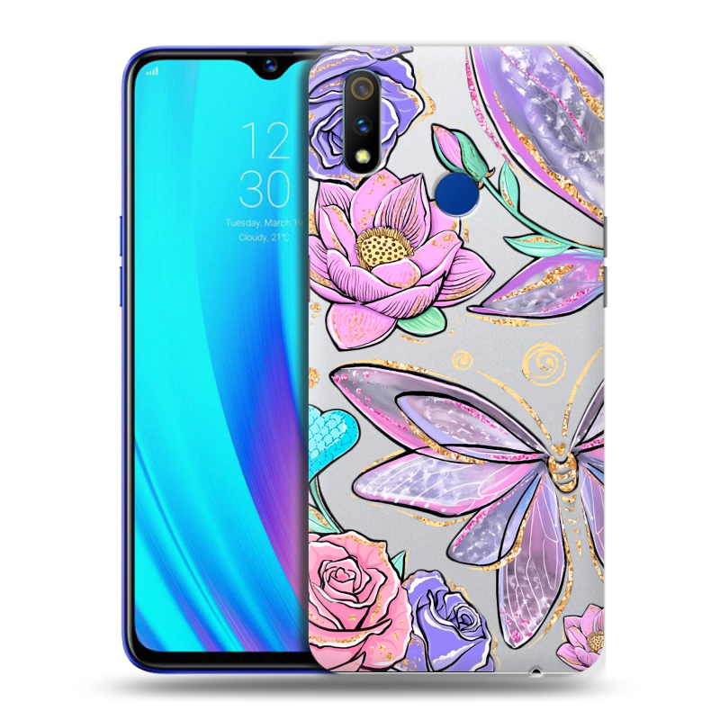 Силиконовый чехол на Realme 3 Pro с принтом Бабочки и цветы Силиконовый чехол на Realme 3 Pro с принтом Бабочки и цветы