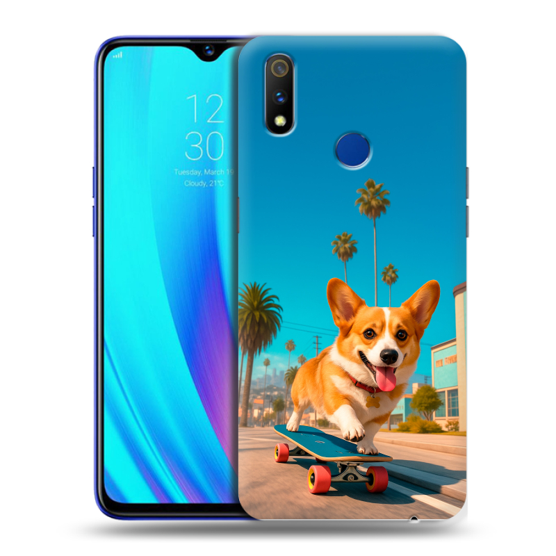 Силиконовый противоударный чехол на Realme 3 Pro с принтом Корги на скейте Силиконовый противоударный чехол на Realme 3 Pro с принтом Корги на скейте