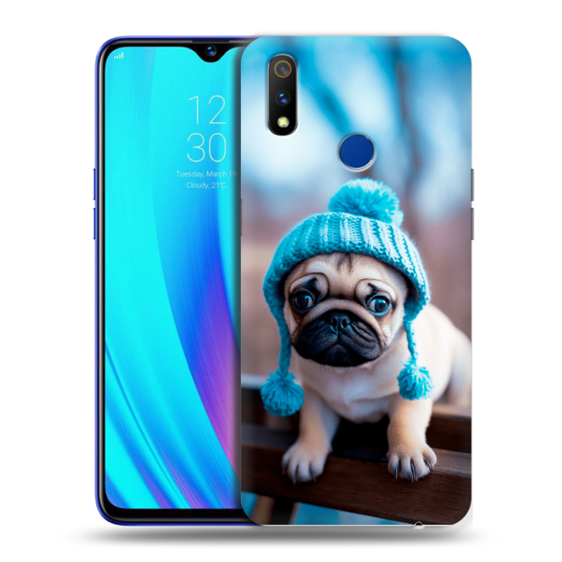 Силиконовый чехол на Realme 3 Pro с принтом Мопс в шапке Силиконовый чехол на Realme 3 Pro с принтом Мопс в шапке